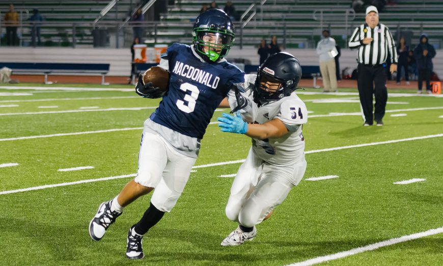 MacDonald High School Condors finishes 500 in first varsity football season with Head Coach Burt Codera and quarterback Moussa Fall.