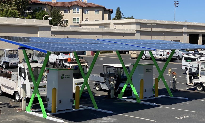 Santa Clara University's maintenance fleet is now solar powered thanks to a partnership with Paired Power, which helps charge the university's vehicles.